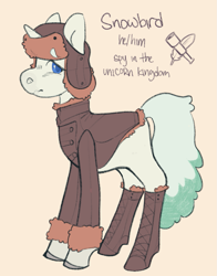 Size: 1047x1336 | Tagged: safe, artist:beyhr, derpibooru import, oc, oc only, oc:snowbird, earth pony, blue eyes, boots, clothes, coat, colored hooves, earth pony oc, eyebrows, eyebrows visible through hair, fake horn, fluffy tail, frown, hat, jacket, male, shoes, stallion, tail, text, two toned tail, ushanka, winter clothes, winter hat