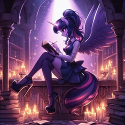 Size: 1024x1024 | Tagged: safe, ai content, derpibooru import, generator:dall-e 3, machine learning generated, twilight sparkle, twilight sparkle (alicorn), alicorn, anthro, g4, book, bookshelf, bowtie, candle, clothes, collar shirt, crossed legs, elegant, high heels, library, necktie, paper, pencil, pillar, platform heels, platform shoes, ponytail, prompter:glimmy-glam, reading, schrödinger's pantsu, shoes, sitting, skirt, socks, stockings, thigh highs, thighs