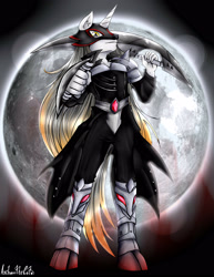 Size: 2550x3295 | Tagged: safe, artist:anibaruthecat, derpibooru import, oc, oc only, anthro, unguligrade anthro, unicorn, armor, full moon, high res, male, mask, moon, old art, solo, weapon