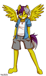 Size: 1157x1920 | Tagged: safe, artist:anibaruthecat, derpibooru import, oc, oc only, anthro, pegasus, anthro oc, clothes, grin, hoof feet, jewelry, male, necklace, old art, one eye closed, poké ball, pokémon, shorts, simple background, smiling, solo, transparent background