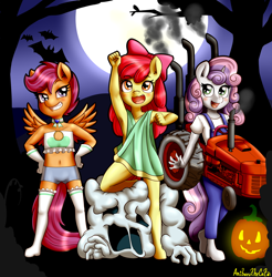 Size: 3260x3308 | Tagged: safe, alternate version, artist:anibaruthecat, derpibooru import, apple bloom, scootaloo, sweetie belle, anthro, bat, earth pony, ghost, pegasus, undead, unguligrade anthro, unicorn, g4, adorabloom, apple bloomers, armpits, belly button, blushing, clothes, compression shorts, costume, cute, cutealoo, cutie mark crusaders, diasweetes, dress, explicit source, female, full moon, halloween, halloween costume, heart, high res, holiday, hoof feet, jack-o-lantern, midriff, moon, old art, open mouth, pumpkin, raised fist, ribbon, smiling, socks, strapless, suspenders, tractor, underwear