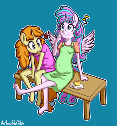 Size: 1780x1906 | Tagged: safe, artist:anibaruthecat, derpibooru import, princess flurry heart, pumpkin cake, alicorn, anthro, unicorn, duo, female, hoof feet, music notes, old art, outline, pregnant, simple background, sitting, surprised