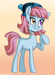 Size: 1595x2180 | Tagged: safe, artist:anibaruthecat, derpibooru import, oc, oc only, earth pony, pony, earth pony oc, eyebrows, eyebrows visible through hair, hat, heterochromia, old art, outline, raised hoof, raised leg, smiling, solo, winter hat