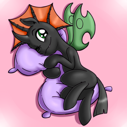 Size: 3000x3000 | Tagged: safe, artist:anibaruthecat, derpibooru import, oc, oc only, oc:vesairus, changeling, butt, high res, hug, lying down, old art, on side, one eye closed, pillow, pillow hug, plot, smiling, solo