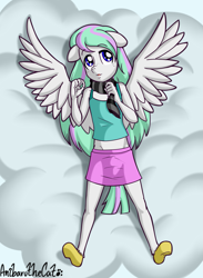 Size: 1345x1833 | Tagged: safe, alternate version, artist:anibaruthecat, derpibooru import, oc, oc only, oc:fruity wave, anthro, pegasus, clothes, cloud, explicit source, foal, hoof feet, lying down, old art, on a cloud, on back, scarf, solo, unshorn fetlocks
