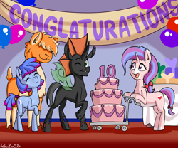 Size: 3000x2500 | Tagged: safe, artist:anibaruthecat, derpibooru import, oc, oc only, oc:hearts desire, oc:sué ping, oc:vesairus, changeling, earth pony, llama, pony, unicorn, ^^, anniversary, birthday cake, cake, engrish, eyes closed, female, food, high res, mare, old art, one eye closed, party