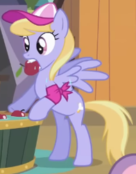 Size: 219x280 | Tagged: safe, derpibooru import, screencap, cloud kicker, pegasus, pony, g4, season 2, sisterhooves social, apple, apple bobbing, armband, baseball cap, cap, cropped, female, food, hat, mare, mouth hold, solo, spread wings, wings