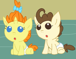 Size: 909x706 | Tagged: safe, artist:cmara, derpibooru import, pound cake, pumpkin cake, pegasus, pony, unicorn, g4, baby, baby pony, diaper, female, foal, male, solo