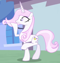 Size: 353x370 | Tagged: safe, derpibooru import, screencap, fleur-de-lis, pony, unicorn, g4, season 2, sweet and elite, bipedal, cropped, female, mare, raised hoof, raised leg, shocked, shrunken pupils, solo