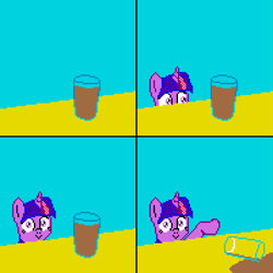 Size: 1407x1407 | Tagged: safe, artist:dhm, derpibooru import, twilight sparkle, pony, /mlp/, chocolate, chocolate milk, comic, exploitable meme, looking at you, meme, milk, pixel art, pixelcanvas, solo, spilled milk