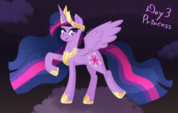 Size: 2800x1796 | Tagged: safe, artist:bubblegooey, derpibooru import, princess twilight 2.0, twilight sparkle, twilight sparkle (alicorn), alicorn, pony, the last problem, :d, accessory, art challenge, bipedal, blushing, clothes, cloud, crown, cute, ear fluff, ears, eyeshadow, female, flowing mane, happy, heart, heart eyes, horn, jewelry, looking at you, makeup, mare, multicolored hair, multicolored mane, multicolored tail, neck fluff, older, older twilight, older twilight sparkle (alicorn), open mouth, open smile, peytral, purple coat, purple eyes, raised hoof, raised leg, regalia, royalty, shoes, signature, sky, smiling, solo, sparkles, spread wings, standing, tail, tiara, twiabetes, wing fluff, wingding eyes, wings
