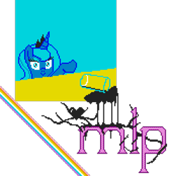 Size: 1002x1044 | Tagged: safe, artist:dhm, derpibooru import, princess luna, pony, /mlp/, black goo, chocolate, chocolate milk, exploitable meme, female, filly, foal, heart, looking at you, meme, milk, pixel art, pixelcanvas, rainbow, solo, spilled milk, void, woona, younger