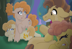 Size: 4278x2949 | Tagged: safe, artist:faitheverlasting, derpibooru import, aunt orange, cinnamon pear, grand pear, pear butter, earth pony, pony, g4, angry, braid, crying, disowned, ears, eyes closed, family, father and child, father and daughter, female, floppy ears, gritted teeth, headcanon, high res, looking at each other, looking at someone, lying down, male, mare, mother and child, mother and daughter, open mouth, parent and child, pear family member, pear tree, ponytail, prone, raised hoof, raised leg, sad, siblings, sisters, stallion, story included, tears of anger, tears of sadness, teary eyes, teeth, tree, younger
