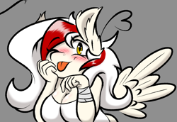 Size: 970x666 | Tagged: safe, artist:aryn, derpibooru import, oc, oc only, oc:awya lightfeather, anthro, pegasus, :p, bandage, breasts, busty oc, cleavage, clothes, looking at you, one eye closed, smiling, tongue, tongue out, two toned mane, wink, winking at you