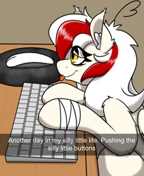 Size: 1500x1828 | Tagged: safe, artist:aryn, derpibooru import, oc, oc only, oc:awya lightfeather, pegasus, pony, :p, bandage, computer mouse, female, keyboard, mare, meme, mousepad, solo, text, tongue, tongue out