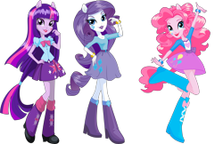 Size: 8470x5482 | Tagged: safe, artist:will290590, derpibooru import, pinkie pie, rarity, twilight sparkle, equestria girls, g4, boots, clothes, female, high heel boots, pleated skirt, shoes, simple background, skirt, transparent background, trio, trio female, vector