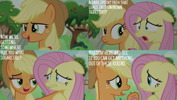 Size: 2000x1125 | Tagged: safe, derpibooru import, edit, edited screencap, editor:quoterific, screencap, applejack, fluttershy, sounds of silence, tree, treehouse