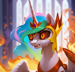 Size: 2048x1968 | Tagged: safe, ai content, derpibooru import, generator:pony diffusion v6 xl, generator:purplesmart.ai, generator:stable diffusion, machine learning generated, daybreaker, princess celestia, alicorn, pony, g4, angry, armor, crying, dark sclera, female, fire, mare, mid-transformation, orange eyes, prompter:chomp country, sharp teeth, solo, teeth, transformation