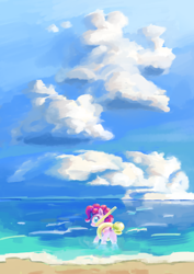 Size: 2896x4092 | Tagged: safe, artist:xallaanacyoxcyor, derpibooru import, pinkie pie, earth pony, pony, g4, beach, butt, cloud, hat, inflatable, looking at you, ocean, plot, sky, snorkel, solo, swimming, swimming cap, water