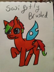 Size: 780x1040 | Tagged: safe, artist:camerontehtranz, derpibooru import, oc, oc only, oc:swiftly brushed, pony, open mouth, raised hoof, raised leg, solo, spread wings, tail, torn ear, traditional art, wings