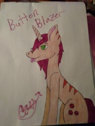 Size: 780x1040 | Tagged: safe, artist:camerontehtranz, derpibooru import, oc, oc only, oc:button blazer, pony, unicorn, signature, sitting, smiling, solo, stripes, tail, tongue, tongue out, traditional art