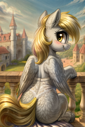 Size: 2752x4096 | Tagged: safe, ai content, derpibooru import, generator:easyfluff v11.2, generator:stable diffusion, machine learning generated, derpy hooves, pegasus, pony, g4, anonymous editor, anonymous prompter, blonde, blonde mane, blonde tail, blushing, bust, castle, clothes, detailed, detailed background, dress, ear fluff, ears, female, feral, fluffy, golden eyes, happy, high res, looking at you, looking back, mare, medieval, png, portrait, rear view, sitting, smiling, smiling at you, solo, tail, wedding dress, wings
