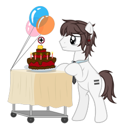 Size: 5347x5381 | Tagged: safe, artist:equestria secret guard, derpibooru import, oc, oc only, oc:正负等式, earth pony, pony, balloon, bipedal, birthday cake, cake, candle, earth pony oc, equal cutie mark, food, male, simple background, smiling, solo, stallion, transparent background, vector, walking