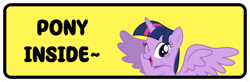 Size: 389x128 | Tagged: safe, artist:owlcat, derpibooru import, twilight sparkle, alicorn, pony, g4, bumper sticker, cute, horn, looking at you, multicolored hair, multicolored mane, one eye closed, open mouth, simple background, smiling, solo, spread wings, text, twiabetes, wings, yellow background