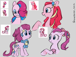 Size: 2048x1536 | Tagged: safe, artist:metaruscarlet, derpibooru import, pinkie pie, earth pony, pony, g4, accessory, alternate hairstyle, cute, cutie mark, diapinkes, gray background, looking at you, open mouth, ribbon, simple background, toy, toy interpretation