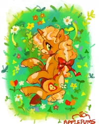 Size: 1440x1800 | Tagged: safe, artist:applepums, derpibooru import, oc, oc only, oc:applesnap, pony, unicorn, blushing, bow, colored hooves, colored muzzle, curly hair, curly mane, curly tail, cutie mark, female, flower, freckles, grass, green eyes, hair bow, horn, looking back, lying down, mare, multicolored mane, multicolored tail, pale belly, ponysona, profile, signature, smiling, splotches, tail, unicorn oc, unshorn fetlocks