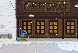 Size: 870x594 | Tagged: safe, derpibooru import, screencap, oc, oc only, pony, ashes town, pony town, snow, snowfall, solo