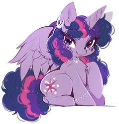 Size: 1960x2048 | Tagged: safe, artist:papilrux, derpibooru import, twilight sparkle, twilight sparkle (alicorn), alicorn, pony, g4, alternate hairstyle, bracelet, chest fluff, ear fluff, ear piercing, earring, ears, female, jewelry, lidded eyes, looking at you, mare, necklace, partially open wings, piercing, raised hoof, raised leg, simple background, sitting, smiling, smiling at you, solo, white background, wings