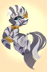 Size: 1337x2048 | Tagged: safe, artist:papilrux, derpibooru import, zecora, zebra, g4, chest fluff, ear fluff, ear piercing, earring, ears, female, gradient background, jewelry, mare, necklace, piercing, raised hoof, raised leg, simple background, smiling, solo, yellow background