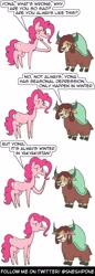 Size: 1000x2900 | Tagged: safe, artist:sneshpone, derpibooru import, pinkie pie, yona, earth pony, pony, yak, g4, comic, depressed, dialogue, duo, duo female, female, frown, mare, open mouth, sad, simple background, speech bubble, teenager, white background