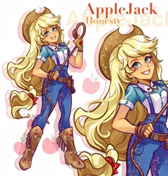 Size: 1948x2048 | Tagged: safe, artist:libbly_libby, derpibooru import, applejack, equestria girls, g4, alternate clothes, boots, clothes, cowboy boots, cowboy hat, cowgirl, female, hat, lasso, overalls, rope, shoes, solo, stetson