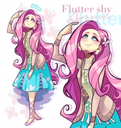 Size: 1936x2048 | Tagged: safe, artist:libbly_libby, derpibooru import, fluttershy, butterfly, equestria girls, g4, cutie mark background, female, peace symbol, smiling, solo