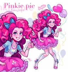 Size: 1923x2043 | Tagged: safe, artist:libbly_libby, derpibooru import, pinkie pie, equestria girls, g4, balloon, bow, clothes, grin, hair bow, happy, heart, heart balloon, smiling, socks, solo