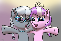 Size: 2048x1365 | Tagged: safe, artist:maonyman, derpibooru import, diamond tiara, silver spoon, earth pony, pony, braid, braided ponytail, duo, female, filly, foal, glasses, happy, hug, jewelry, looking at you, necklace, open mouth, ponytail, shading, smiling, tiara