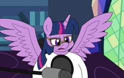 Size: 1150x720 | Tagged: safe, artist:unitxxvii, derpibooru import, twilight sparkle, twilight sparkle (alicorn), alicorn, pony, bust, female, glasses, mare, microphone, open mouth, solo, spread wings, twilight's castle, wings