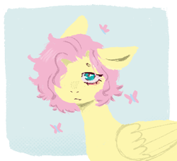 Size: 389x355 | Tagged: safe, artist:vedacia, derpibooru import, fluttershy, butterfly, pegasus, pony, bust, pink mane, portrait, short hair, simple background, solo, transparent background, yellow coat