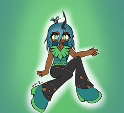 Size: 1861x1707 | Tagged: safe, artist:ru, derpibooru import, queen chrysalis, human, g4, clothes, dark skin, fangs, female, horn, horned humanization, humanized, looking at you, pants, shirt, shoes, signature, solo