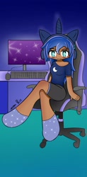 Size: 1707x3458 | Tagged: safe, artist:ru, derpibooru import, princess luna, human, g4, chair, clothes, computer mouse, fake ears, fake horn, gamer luna, gradient background, headphones, humanized, indoors, keyboard, looking at you, moderate dark skin, monitor, office chair, shirt, shorts, signature, sitting, solo