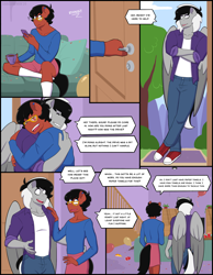 Size: 2048x2643 | Tagged: safe, artist:shallowwin, derpibooru import, oc, oc only, oc:benjamin terrance tover, oc:sound shock, anthro, earth pony, pegasus, after party, anthro oc, clothes, comic, commission, crossdressing, dialogue, earth pony oc, gay, hug, male, oc x oc, pegasus oc, shipping, skirt, speech bubble, stallion