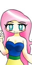 Size: 563x1140 | Tagged: safe, artist:ru, derpibooru import, fluttershy, human, g4, blushing, breasts, cleavage, clothes, dress, female, humanized, light skin, looking at you, simple background, smiling, solo, white background