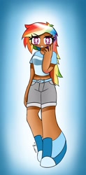 Size: 1707x3458 | Tagged: safe, artist:ru, derpibooru import, rainbow dash, human, g4, belly button, belt, clothes, female, humanized, looking at you, midriff, moderate dark skin, shirt, shoes, shorts, smiling, smiling at you, solo