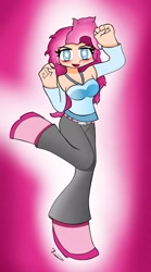 Size: 2022x3628 | Tagged: safe, artist:ru, derpibooru import, pinkie pie, human, g4, arm warmers, belt, blushing, breasts, clothes, female, humanized, lifted leg, light skin, looking at you, open mouth, open smile, pants, raised arms, shirt, shoes, signature, smiling, smiling at you, solo