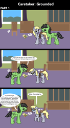 Size: 1920x3516 | Tagged: safe, artist:platinumdrop, derpibooru import, derpy hooves, oc, oc:anon, oc:anon stallion, pegasus, pony, comic:caretaker: grounded, series:caretaker, g4, 3 panel comic, abuse, accident, avoiding eye contact, bound wings, bowl, broken, broken plate, caretaker, chair, comic, commission, crash, crying, curtains, derpybuse, dialogue, dining room, domestic abuse, duo, duo male and female, ears, ears back, female, floppy ears, folded wings, food, furniture, indoors, lettuce, looking at each other, looking at someone, looking away, looking back, looking down, male, mare, mouth hold, open mouth, plate, punishment, raised hoof, raised leg, rope, sad, sad pony, salad, scolding, scrunchy face, series, speech bubble, stallion, stern, stubble, table, talking, tears of sadness, teary eyes, tomato, tying, window, wings