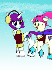 Size: 1275x1754 | Tagged: safe, artist:redlaserartist, derpibooru import, oc, oc only, earth pony, pony, unicorn, g4, clothes, coat, duo, duo female, earmuffs, earth pony oc, female, freckles, horn, ice skates, ice skating, looking back, mare, open mouth, open smile, skates, smiling, snow, snowfall, unicorn oc