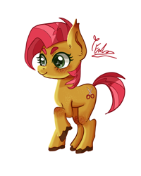 Size: 2400x3000 | Tagged: safe, artist:redlaserartist, derpibooru import, babs seed, earth pony, pony, g4, blushing, cutie mark eyes, female, filly, foal, knee blush, raised hoof, raised leg, signature, simple background, smiling, solo, tail, unshorn fetlocks, white background, wingding eyes