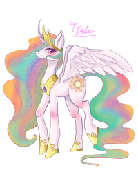 Size: 2400x3000 | Tagged: safe, artist:redlaserartist, derpibooru import, princess celestia, alicorn, pony, g4, blushing, crown, curved horn, cutie mark eyes, female, hoof shoes, horn, horn pattern, jewelry, knee blush, mare, peytral, princess shoes, raised leg, regalia, signature, simple background, smiling, solo, spread wings, tail, white background, wingding eyes, wings